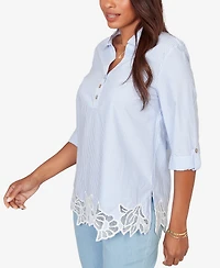 Ruby Rd. Petite Coastal Stripe Lace-Hem Henley Top