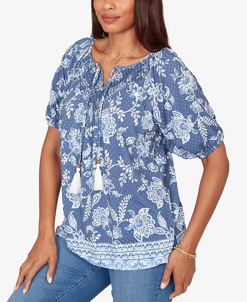 Ruby Rd. Petite Smocked Floral Clip Dot Top
