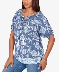 Ruby Rd. Petite Smocked Floral Clip Dot Top
