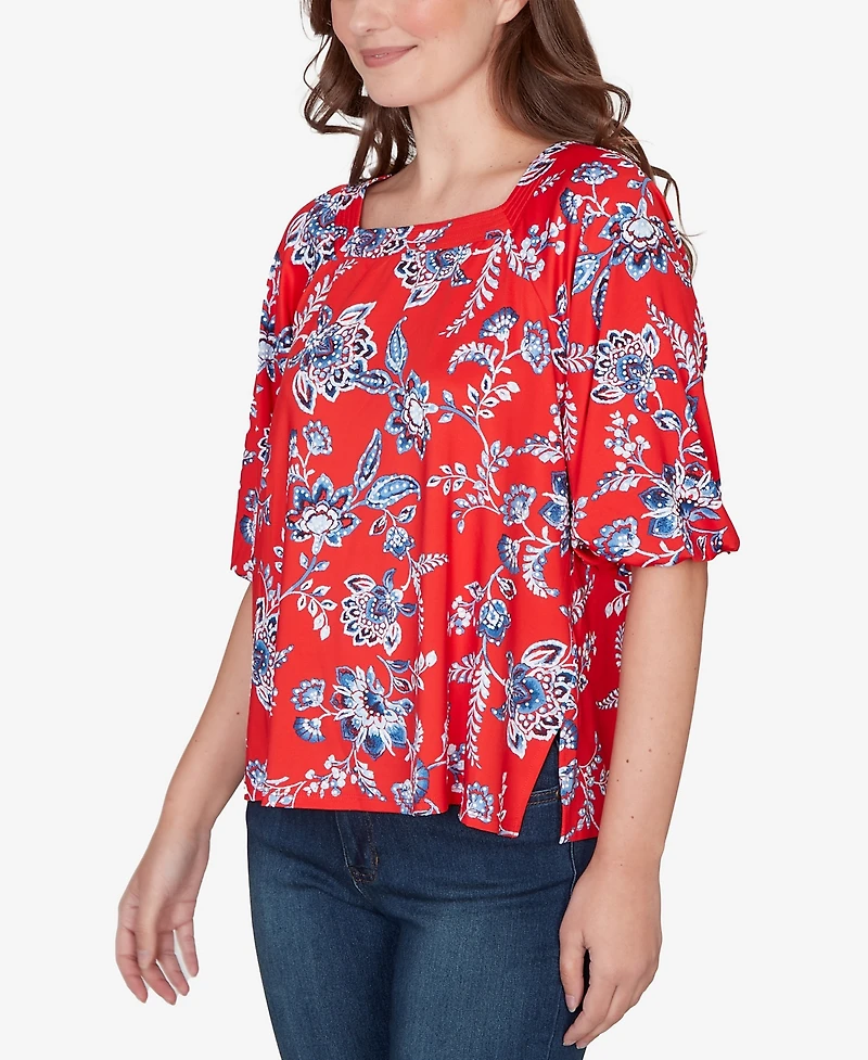 Ruby Rd. Petite Square Neck Floral Puff Print Top