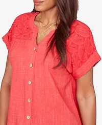 Ruby Rd. Petite Paisley Embroidered Gauze-Button T-Shirt