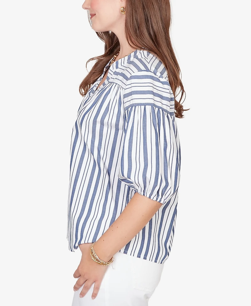 Ruby Rd. Petite Striped Cotton Poplin Elastic-Cuff Top