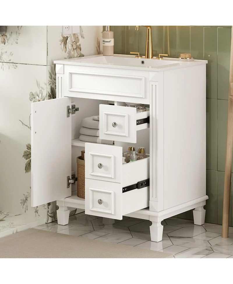 Busdays 24" Bathroom Vanity with Ceramic Sink, Small Cabinet with 2 Drawers and Adjustable Shelf, Modern Design