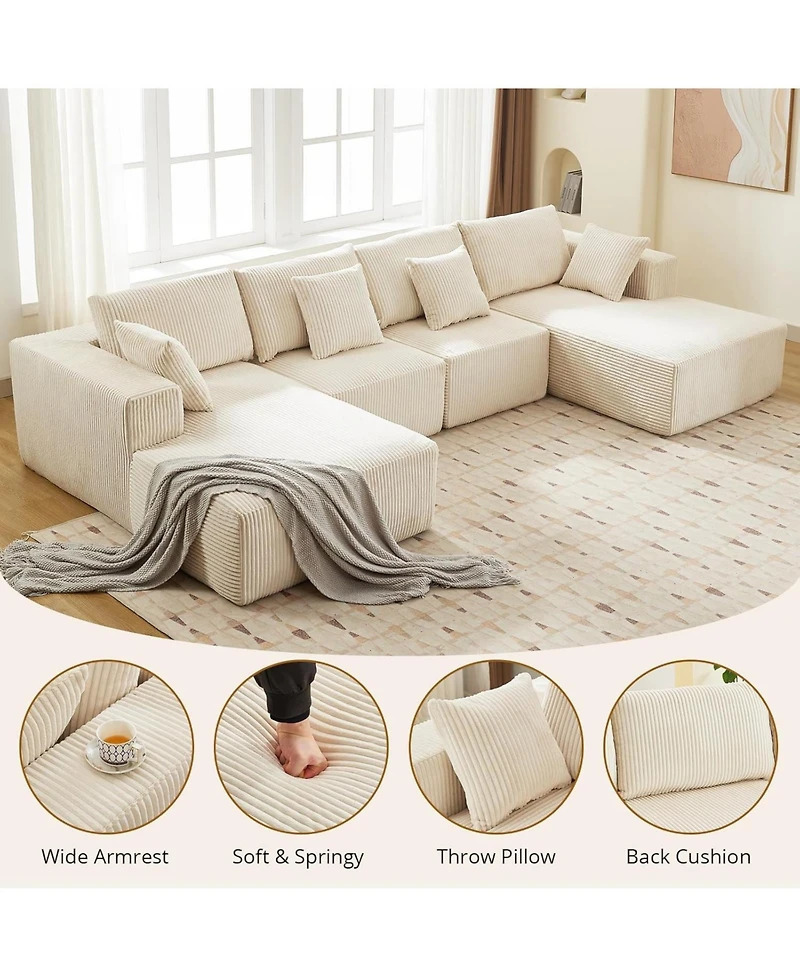 gaomon 137" U-Shaped Cloud Sectional Sofa with Chaise, Corduroy Modular Couch, No Assembly