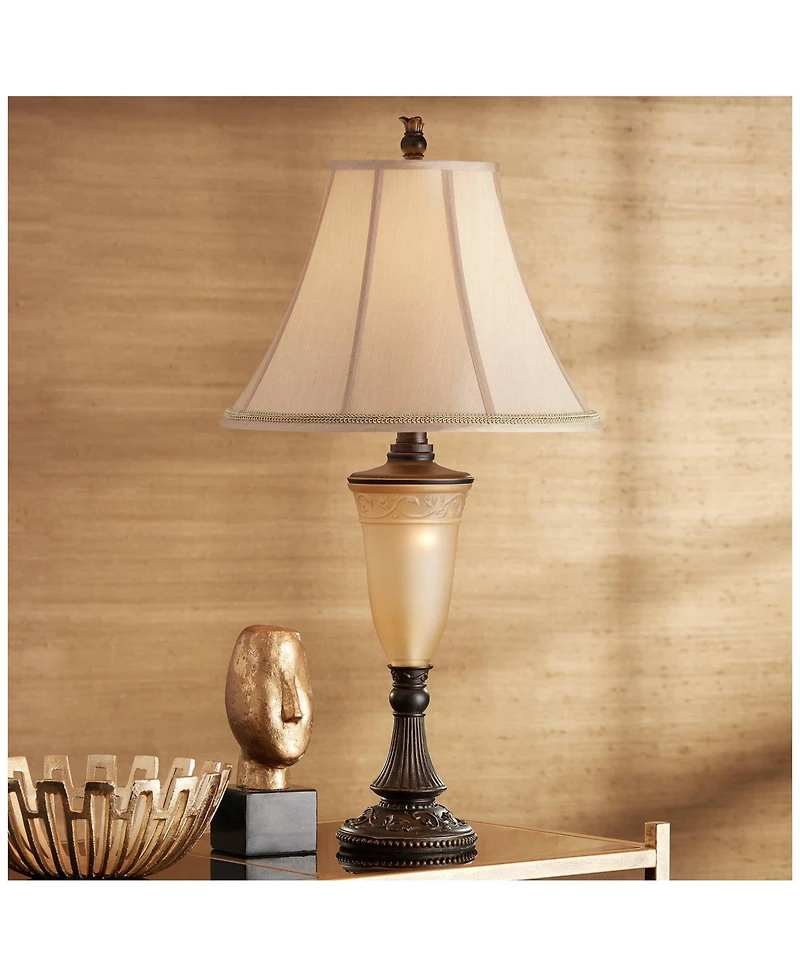 Kathy Ireland Sorrento Traditional Table Lamp 30" Tall Antique Bronze Glass with Usb Dimmer Nightlight Flared Bell Shade