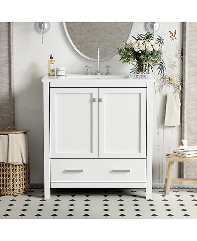 Busdays 30" White Bathroom Vanity with Single Sink, Soft-Close Undermount Sink, 2-Door Cabinet with Drawer, Solid Wood Frame