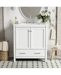 Busdays 30" White Bathroom Vanity with Single Sink, Soft-Close Undermount Sink, 2-Door Cabinet with Drawer, Solid Wood Frame