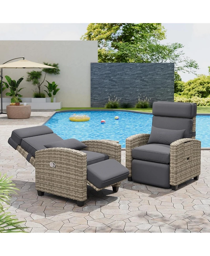 gaomon Set of 2 Outdoor Rattan Reclining Chairs with Adjustable Backrest and Flip-Up Table