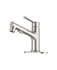 Busdays Brushed Nickel Pull Out Bathroom Sink Faucet with Pop-up Drain and Deck Plate