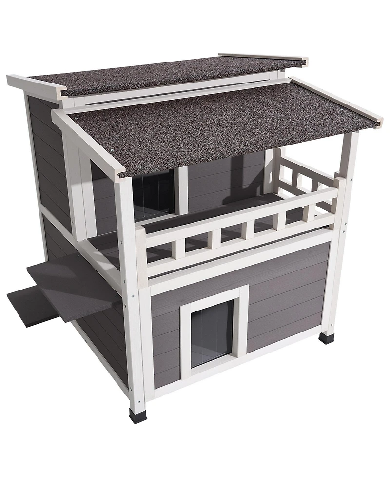 Zeus & Ruta 2 Story Wooden Cat House With Balcony Insulated Waterproof Outdoor Shelter For 1 3 Cats In Winter