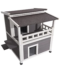 Zeus & Ruta 2 Story Wooden Cat House With Balcony Insulated Waterproof Outdoor Shelter For 1 3 Cats In Winter