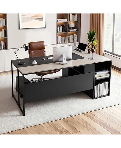 Gouun L-Shaped Executive Desk with Drawers and Storage Cabinet, 71 x 53 in Office Table with Cpu Stand, 350 lbs