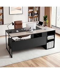 Gouun L-Shaped Executive Desk with Drawers and Storage Cabinet, 71 x 53 in Office Table with Cpu Stand, 350 lbs