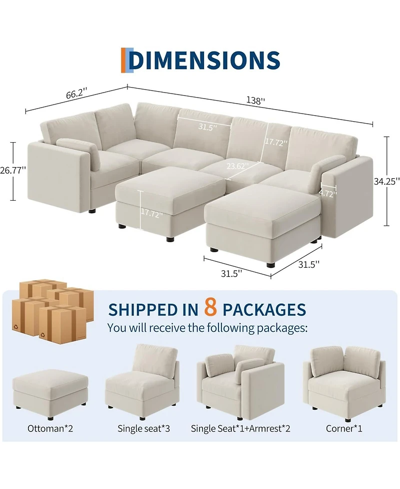Gaomon Modular Sectional Sofa L-Shaped Couch with Movable Ottoman- Convertible Chenille Sofa