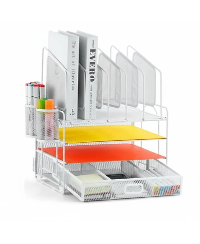 Yigii Multifunctional Desk Organizer 4 Tier Mesh File 5 Vertical Holders 3 Compartment Drawer 2 Pen Holders Easy Assemble Metal Office