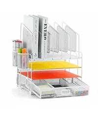 Yigii Multifunctional Desk Organizer 4 Tier Mesh File 5 Vertical Holders 3 Compartment Drawer 2 Pen Holders Easy Assemble Metal Office