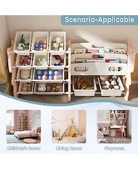 Rainsken Kids Bookshelf, Toy Storage Organizer with 12 Toy Bins and 2 Tier Display Rack for Playroom, Bedroom, Kids Room and Classroom