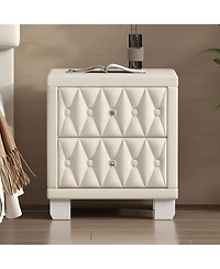 Flynama Elegant Velvet Nightstand with 2 Drawers Beige Crystal Handle Button Tufted Bedroom Storage Table