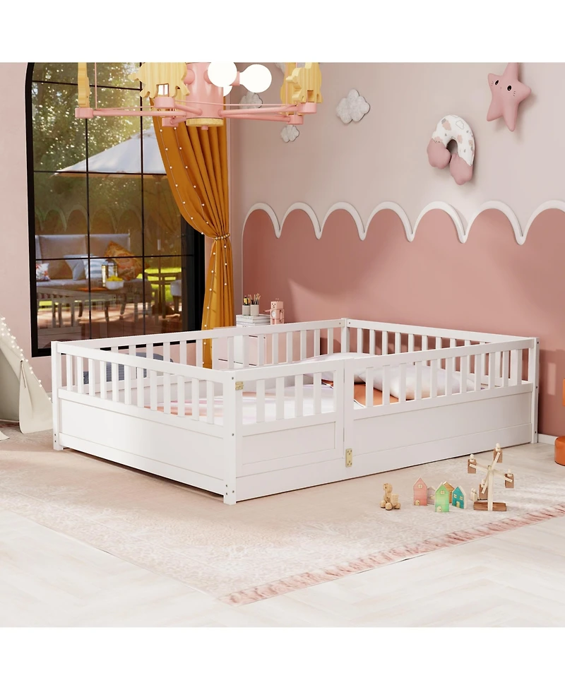 flynama Full Size Montessori Wooden Floor Bed With High Security Barrier And Door For Kids Bedroom