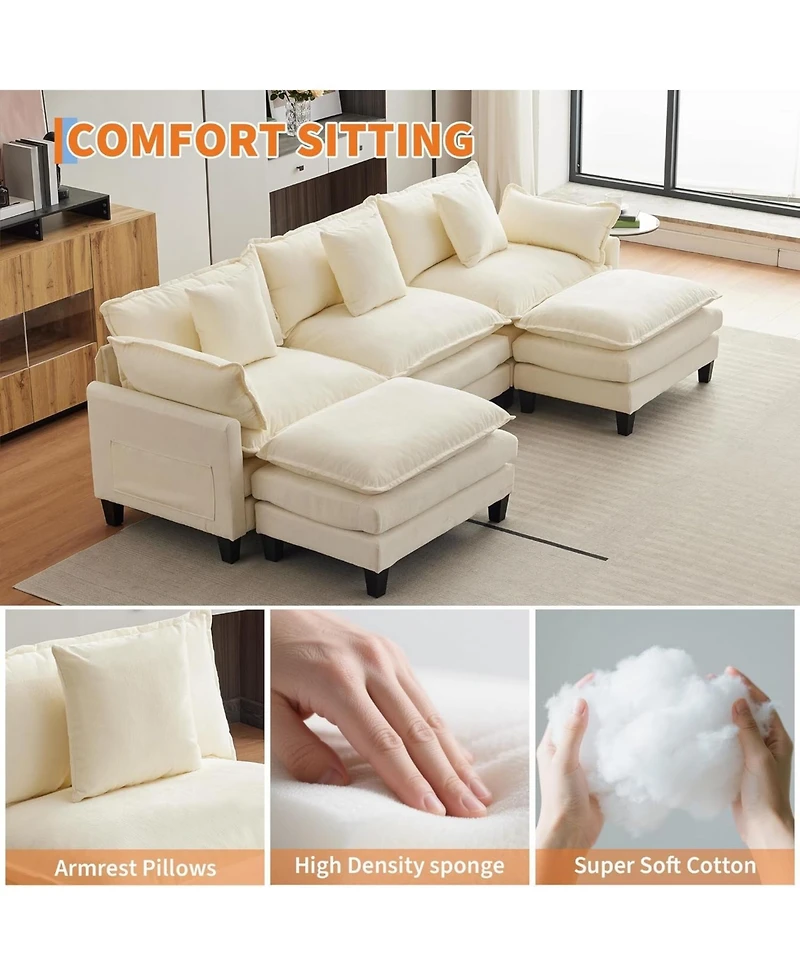 gaomon 112" U-Shaped Modular Sectional Sofa, Deep Seat Cloud Couch with Chenille and Corduroy, 2 Ottomans and Armrests