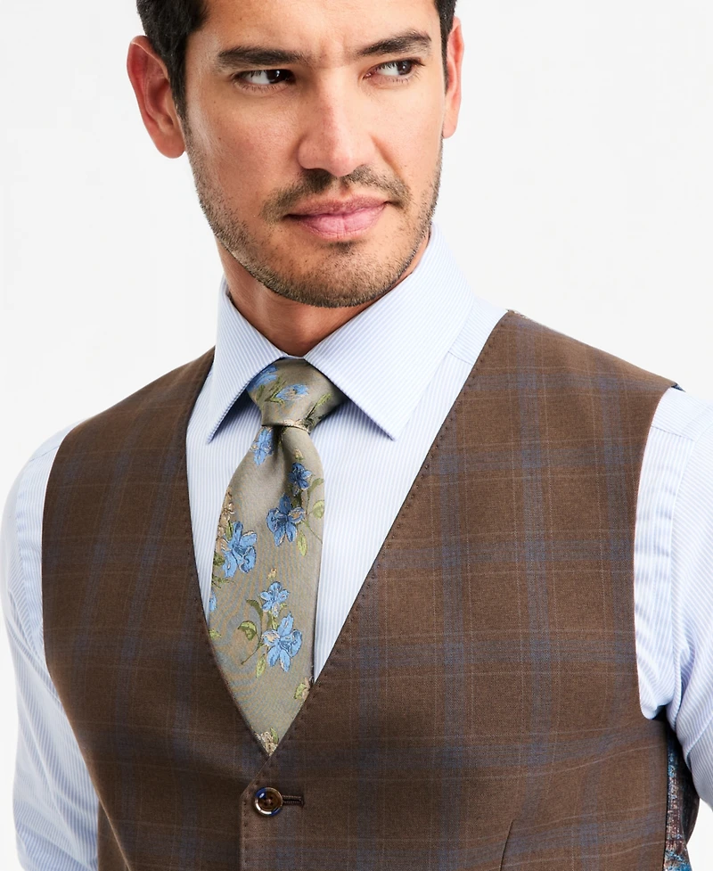 Tayion Collection Men's Classic-Fit Brown Plaid Suit Separate Vest