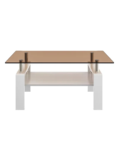 Rainsken Modern 2-Tier Coffee Table, Rectangle Center Table with Tempered Glass Top, Mdf Shelf and Metal Legs for Living Room, Home Office