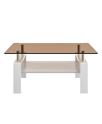 Rainsken Modern 2-Tier Coffee Table, Rectangle Center Table with Tempered Glass Top, Mdf Shelf and Metal Legs for Living Room, Home Office