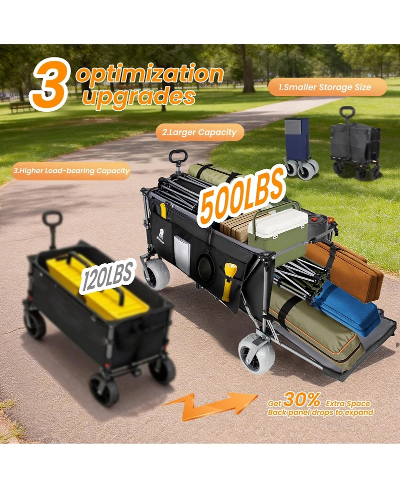 Rainsken Heavy Duty Utility Wagons, Extra Long Large Foldable Wagon with Opened Tailgate and All-Terrain Wheels.