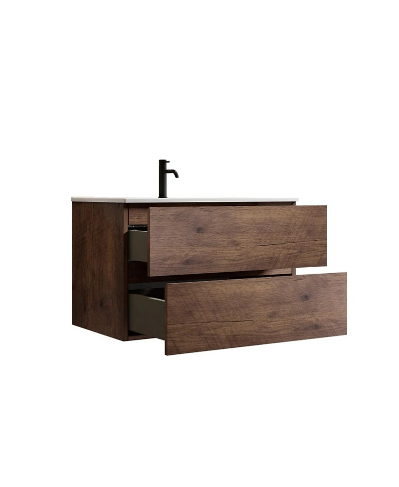 Thirtypeachy 30" Modern Walnut Wall Mount Vanity With Ceramic Sink, Single-Hole Top U-Channel Storage, Dtc Silent Close