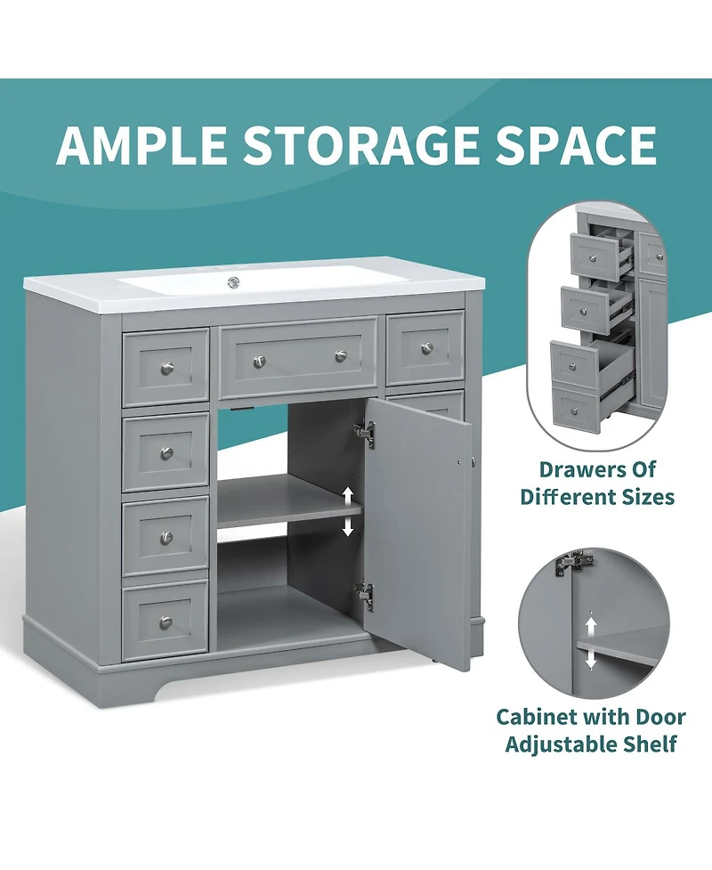 Sillysis 36" Bathroom Vanity with Ceramic Sink, Solid Wood Mdf Cabinet 6 Drawers, Adjustable Shelf for Storage