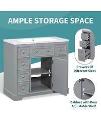 Sillysis 36" Bathroom Vanity with Ceramic Sink, Solid Wood Mdf Cabinet 6 Drawers, Adjustable Shelf for Storage