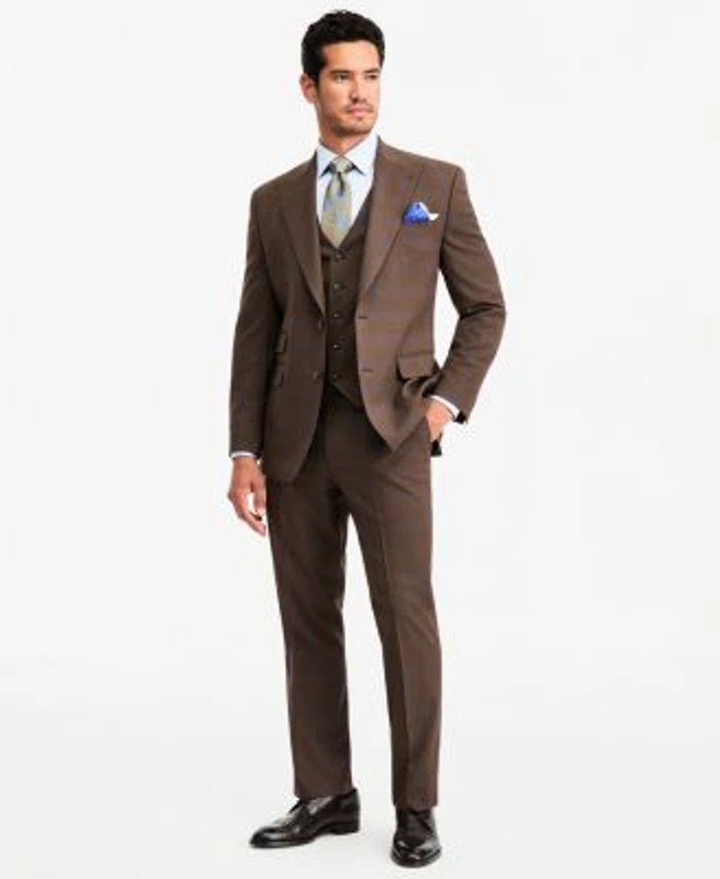Tayion Collection Mens Classic Fit Brown Plaid Suit Separates