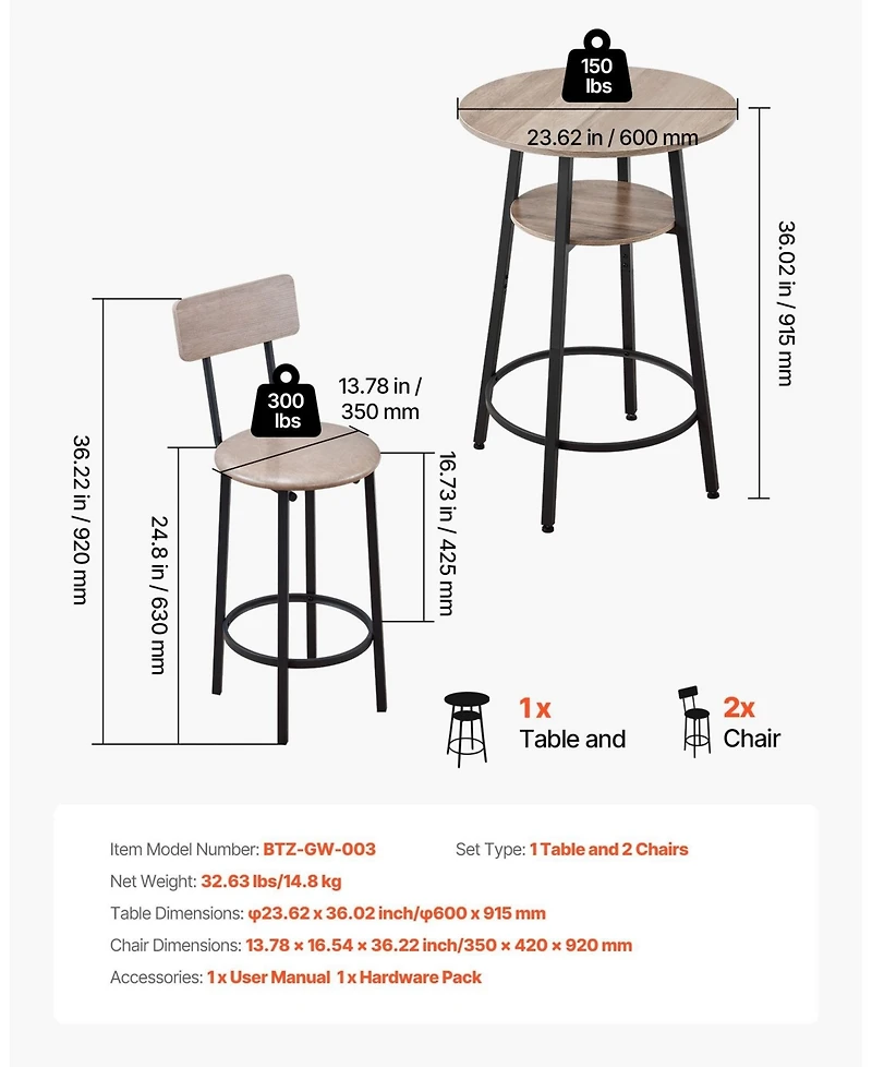 Gouun 3 Piece Bar Table Set with 2 Stools and Storage Shelf