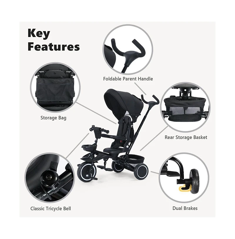 Kinder King 8-in-1 Folding Kids Tricycle Stroller with Adjustable Push Handle, Convertible Toddler