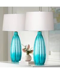 360 Lighting Coastal Table Lamps 30 Tall Set of 2 Fluted Blue Glass Drum Shade for Living Room Family Bedroom Bedside Nightstand
