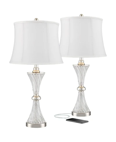 Regency Hill Luca Modern Table Lamps 25 1/2" High Set of 2 Clear Glass Chrome with Usb Charging Port Cream Drum Shade for Bedroom Living Room Desk