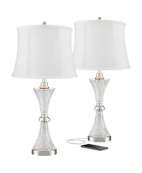 Regency Hill Luca Modern Table Lamps 25 1/2" High Set of 2 Clear Glass Chrome with Usb Charging Port Cream Drum Shade for Bedroom Living Room Desk