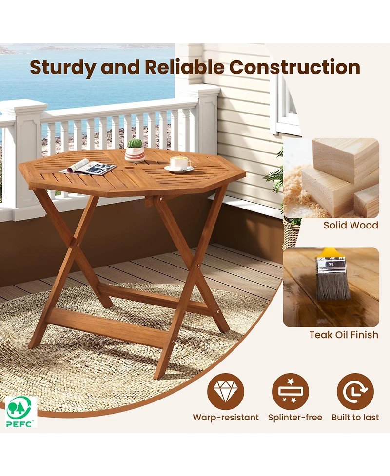 Gymax 35.5'' Solid Wood Patio Dining Table w/1.97'' Umbrella Hole Slatted Tabletop