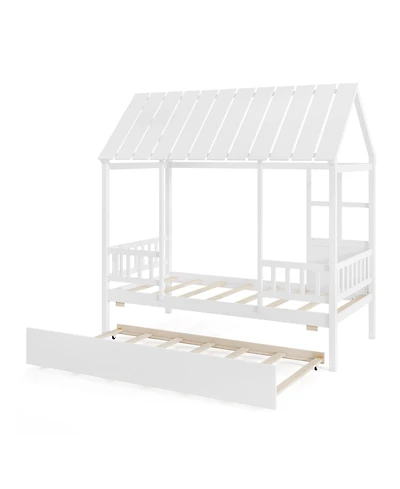Gouun House Bed with Trundle Kids Platform Bed with Roof Window