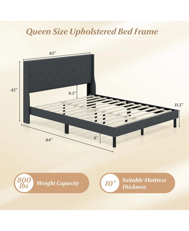 Gouun Upholstered Bed Frame with Button Tufted Wingback Headboard and Wooden Slats Support Mattress Foundation