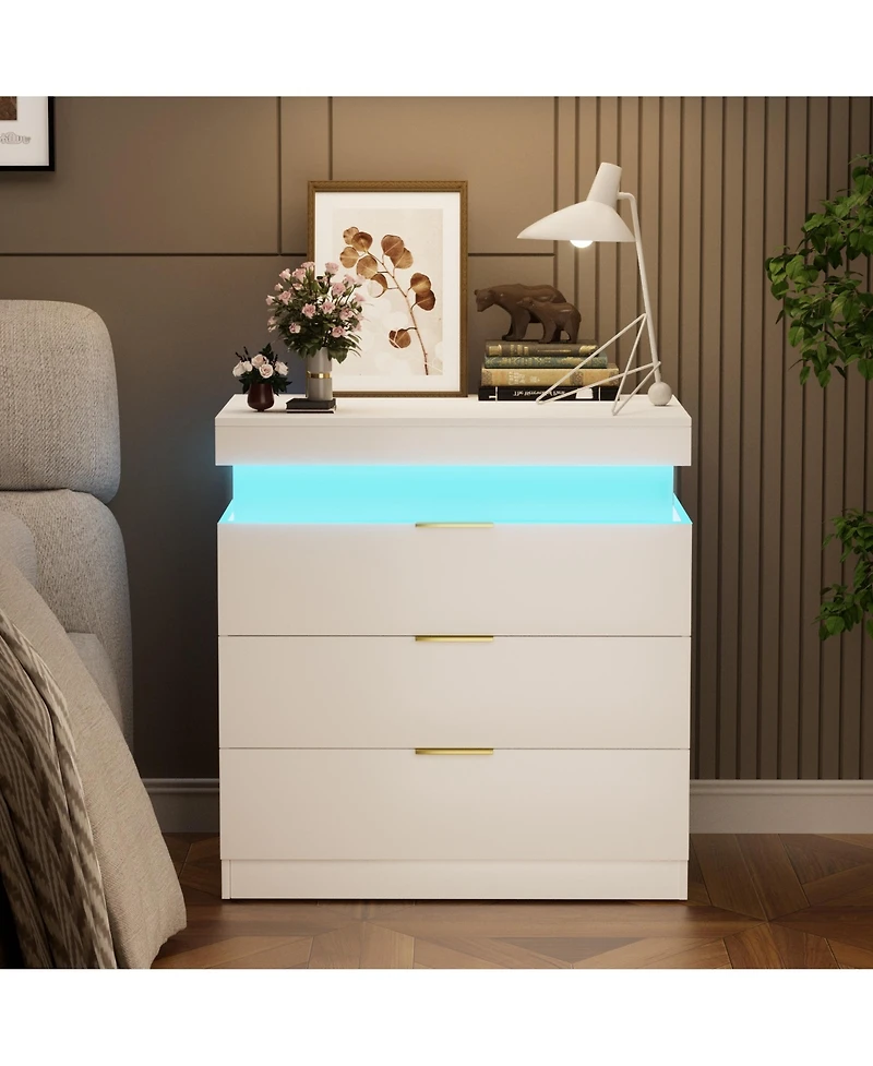Flynama Modern Nightstand with Storage Space and Led Light Glass Top Jewelry Storage Bedside Table