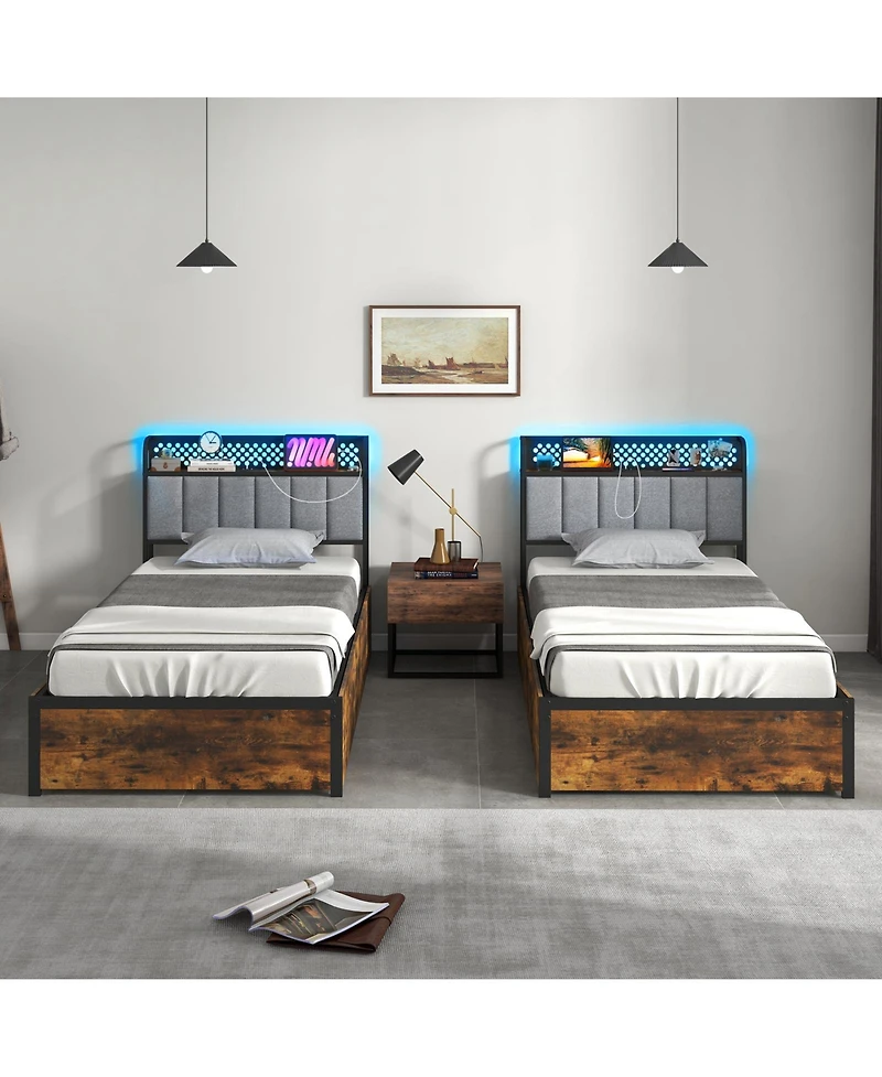 Gouun Twin size Bed Frame with Led Lights Upholstered Headboard and 4 Storage Drawers