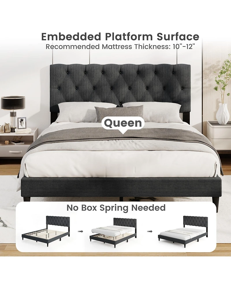 Gouun Queen Size Upholstered Platform Bed with Tufted Headboard and Wooden Slats