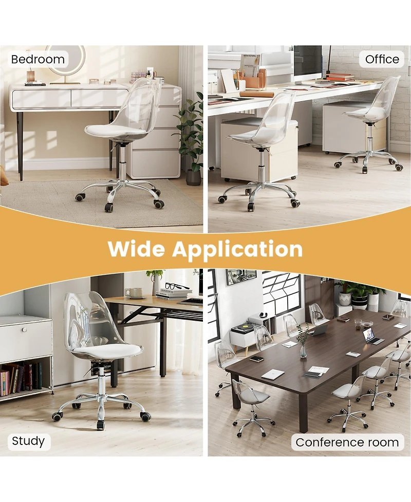 Sugift Armless Rolling Office Chair with Swivel Seat and Pu Leather Cushion-Clear