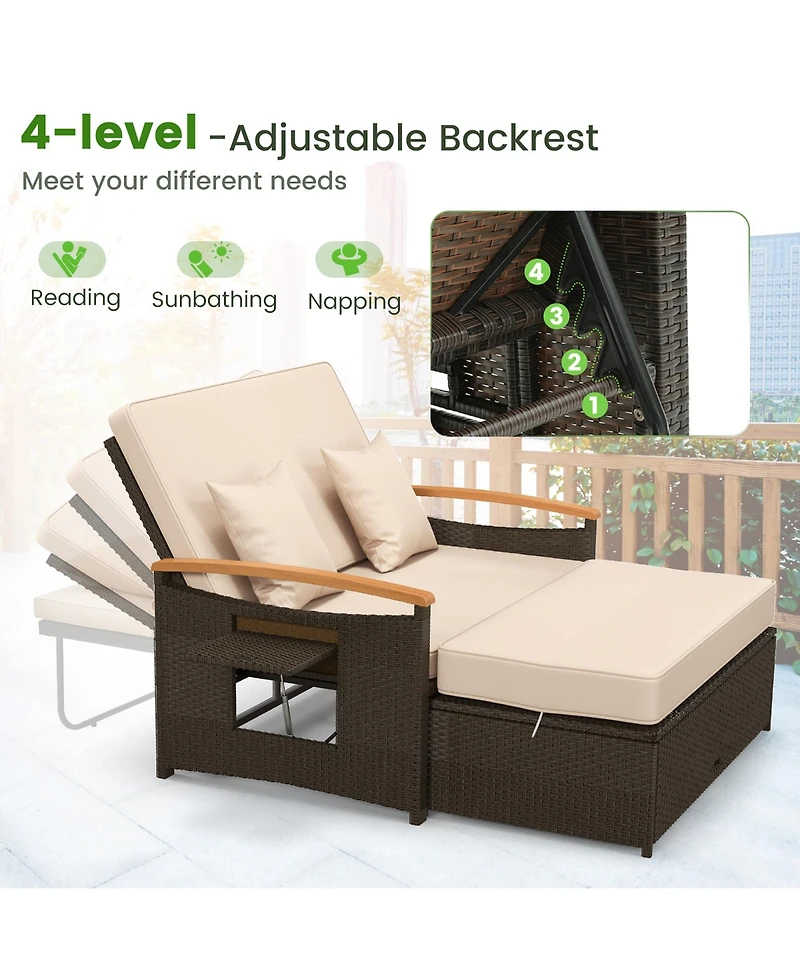 Gymax Patio Rattan Daybed Set w/ Cushioned Loveseat and Storage Ottoman