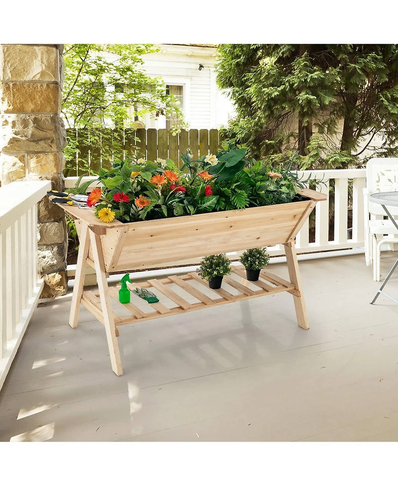 Gymax 59'' x 31'' x 32.5'' Raised Garden Bed w/ Shelf Wood Elevated Planter Box w/ Liner