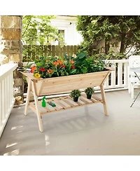 Gymax 59'' x 31'' x 32.5'' Raised Garden Bed w/ Shelf Wood Elevated Planter Box w/ Liner