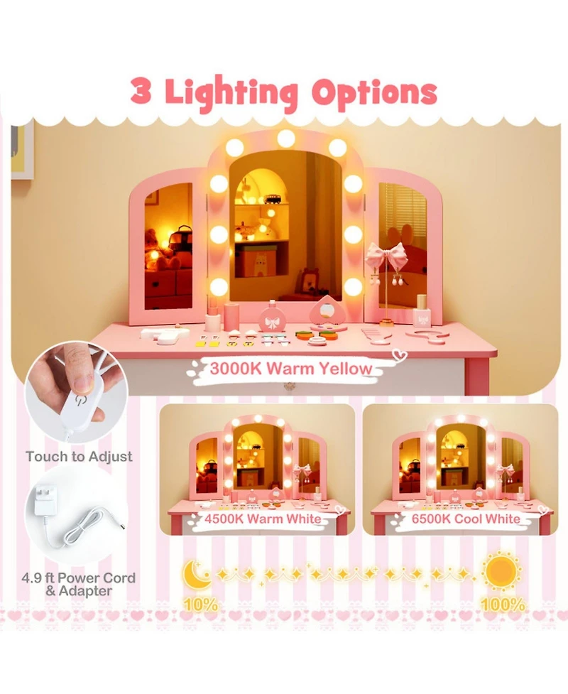 Gouun 2-in-1 Kids Vanity Table Set with Tri-Folding Detachable Mirror and Led Lights