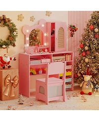 Gouun Kids Vanity with Lights and 5 Drawers Bear Design Dressing Table Set