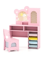 Gouun Kids Vanity with Lights and 5 Drawers Bear Design Dressing Table Set